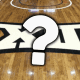Big 12 basketball logo behind elevated question mark.