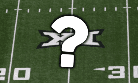 Big 12 football logo behind elevated question mark.