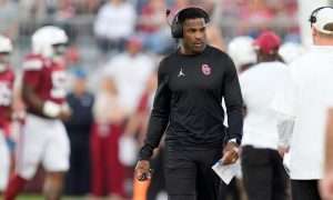 Oklahoma running backs coach DeMarco Murray walks on the sideline during a college football game between the University of Oklahoma Sooners (OU) and the Houston Cougars at Gaylord Family – Oklahoma Memorial Stadium in Norman, Okla., Saturday, Sept. 7, 2024.
