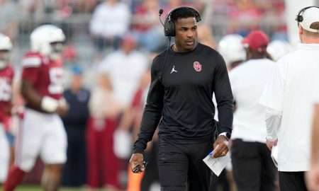 Oklahoma running backs coach DeMarco Murray walks on the sideline during a college football game between the University of Oklahoma Sooners (OU) and the Houston Cougars at Gaylord Family – Oklahoma Memorial Stadium in Norman, Okla., Saturday, Sept. 7, 2024.