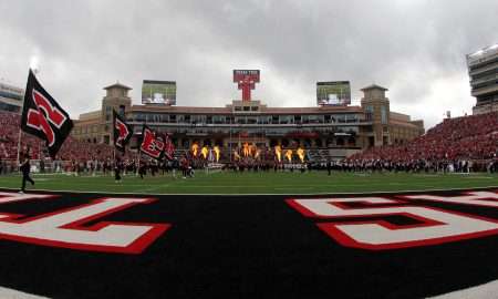 Oct 19, 2024; Lubbock, Texas, USA; A general view of the Texas Tech Red Raiders taking the field before a game against the Baylor Bears at Jones AT&T Stadium and Cody Campbell Field. Mandatory Credit: Michael C. Johnson-Imagn Images