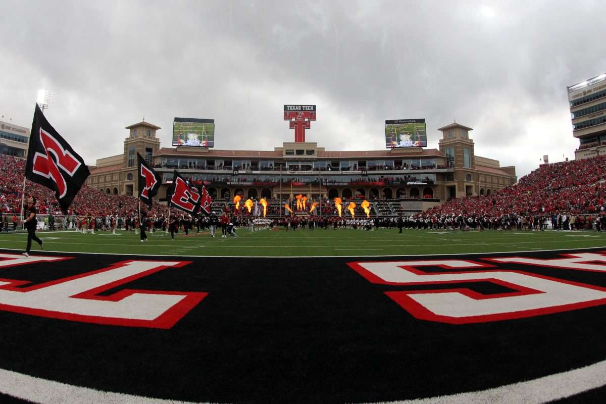 Oct 19, 2024; Lubbock, Texas, USA; A general view of the Texas Tech Red Raiders taking the field before a game against the Baylor Bears at Jones AT&T Stadium and Cody Campbell Field. Mandatory Credit: Michael C. Johnson-Imagn Images