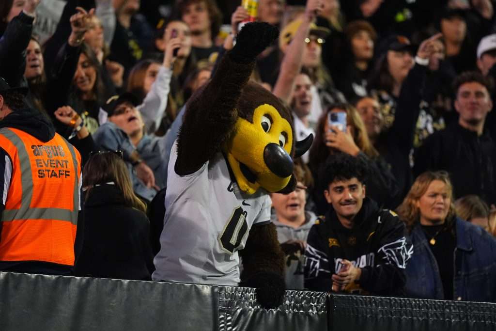 Oct 26, 2024; Boulder, Colorado, USA; Colorado Buffaloes mascot Chip performs with fans in the second half against the Cincinnati Bearcats at Folsom Field. Mandatory Credit: Ron Chenoy-Imagn Images