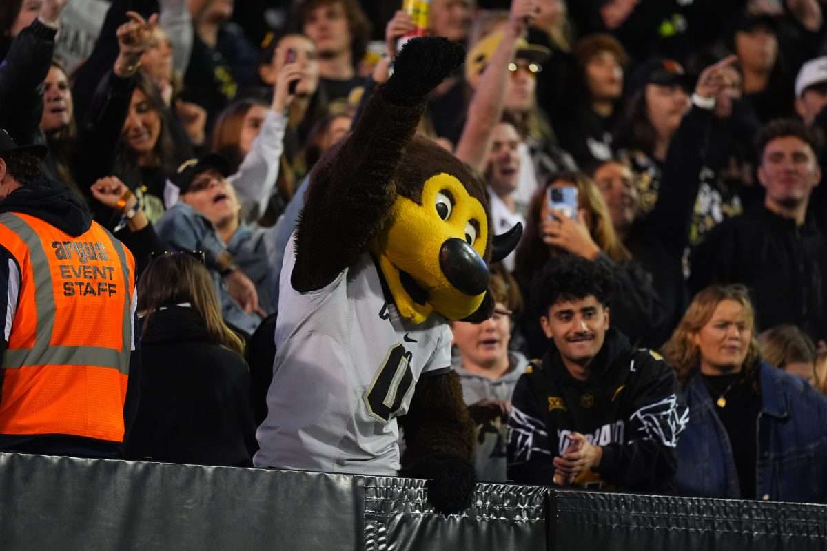 Oct 26, 2024; Boulder, Colorado, USA; Colorado Buffaloes mascot Chip performs with fans in the second half against the Cincinnati Bearcats at Folsom Field. Mandatory Credit: Ron Chenoy-Imagn Images