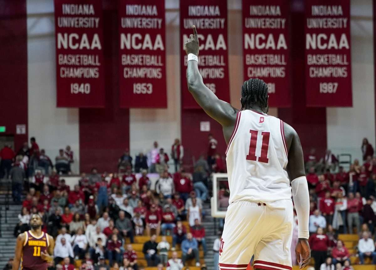 Dec 9, 2024; Bloomington, Indiana, USA; Indiana Hoosiers center Oumar Ballo (11) reacts after a block against the Minnesota Golden Gophers at Simon Skjodt Assembly Hall. Mandatory Credit: Robert Goddin-Imagn Images