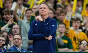 Feb 1, 2025; Waco, Texas, USA; Kansas Jayhawks head coach Bill Self reacts during the first half against the Baylor Bears at Paul and Alejandra Foster Pavilion. Mandatory Credit: Chris Jones-Imagn Images
