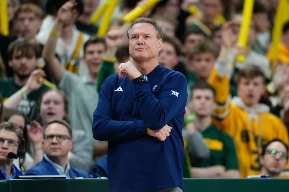 Feb 1, 2025; Waco, Texas, USA; Kansas Jayhawks head coach Bill Self reacts during the first half against the Baylor Bears at Paul and Alejandra Foster Pavilion. Mandatory Credit: Chris Jones-Imagn Images