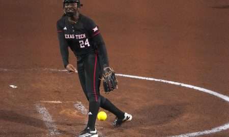 Texas Tech pitcher NiJaree Canady (24) throws a pitch during the game against Texas on day one of the Bevo Classic at Red and Charline McCombs field on Friday, February. 14, 2025 in Austin.