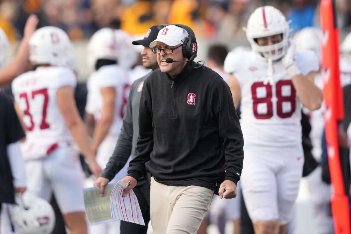 Nov 23, 2024; Berkeley, California, USA; Stanford Cardinal head coach Troy Taylor reacts after calling a time out during the fourth quarter against the California Golden Bears at California Memorial Stadium. Mandatory Credit: Darren Yamashita-Imagn Images