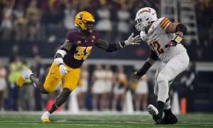 Dec 7, 2024; Arlington, TX, USA; Arizona State Sun Devils defensive lineman Prince Dorbah (32) and Iowa State Cyclones offensive lineman Jalen Travis (72) in action during the game between the Iowa State Cyclones and the Arizona State Sun Devils at AT&T Stadium. Mandatory Credit: Jerome Miron-Imagn Images