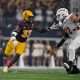 Dec 7, 2024; Arlington, TX, USA; Arizona State Sun Devils defensive lineman Prince Dorbah (32) and Iowa State Cyclones offensive lineman Jalen Travis (72) in action during the game between the Iowa State Cyclones and the Arizona State Sun Devils at AT&T Stadium. Mandatory Credit: Jerome Miron-Imagn Images
