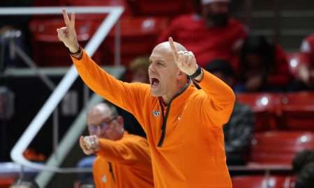 Jan 11, 2025; Salt Lake City, Utah, USA; Oklahoma State Cowboys head coach Steve Lutz calls a play against the Utah Utes during the first half at Jon M. Huntsman Center. Mandatory Credit: Rob Gray-Imagn Images