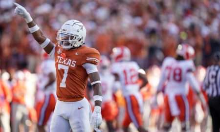 Texas Longhorns defensive back Jahdae Barron celebrates a turnover against Clemson Tigers in thein the first round of the NCAA College Football Playoffs on Dec. 21, 2024, at Darrell K Royal Texas Memorial Stadium in Austin, Texas.
