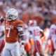Texas Longhorns defensive back Jahdae Barron celebrates a turnover against Clemson Tigers in thein the first round of the NCAA College Football Playoffs on Dec. 21, 2024, at Darrell K Royal Texas Memorial Stadium in Austin, Texas.