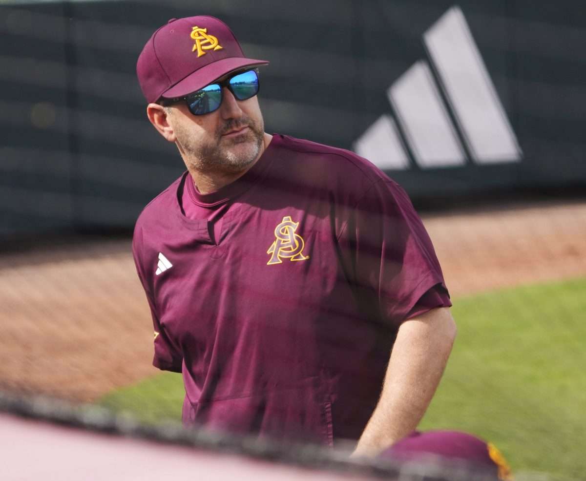 Arizona State manager Willie Bloomquist calls for a replay against Ohio State during the first inning at Phoenix Municipal Stadium on Feb. 16, 2025.