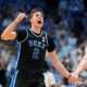 Mar 8, 2025; Chapel Hill, North Carolina, USA; Duke Blue Devils forward Cooper Flagg (2) reacts in the second half at Dean E. Smith Center. Mandatory Credit: Bob Donnan-Imagn Images