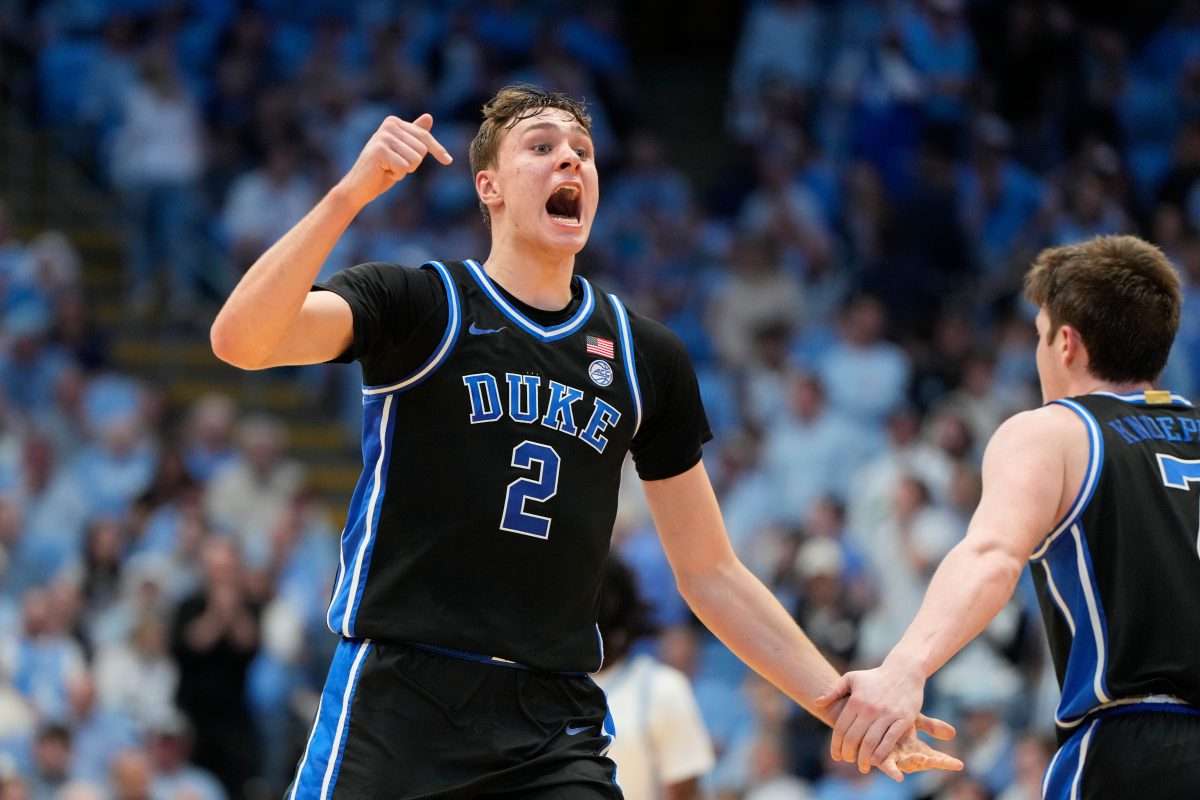 Mar 8, 2025; Chapel Hill, North Carolina, USA; Duke Blue Devils forward Cooper Flagg (2) reacts in the second half at Dean E. Smith Center. Mandatory Credit: Bob Donnan-Imagn Images