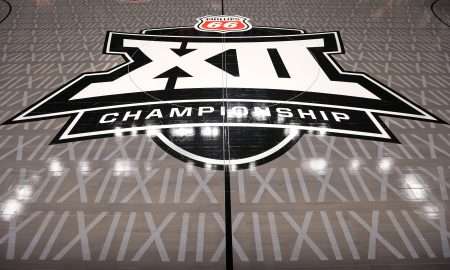 Mar 11, 2025; Kansas City, MO, USA; Big 12 logo center court prior to the game between the Cincinnati Bearcats and the Oklahoma State Cowboys at T-Mobile Center. Mandatory Credit: William Purnell-Imagn Images