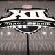 Mar 11, 2025; Kansas City, MO, USA; Big 12 logo center court prior to the game between the Cincinnati Bearcats and the Oklahoma State Cowboys at T-Mobile Center. Mandatory Credit: William Purnell-Imagn Images
