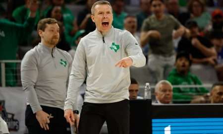 Mar 15, 2025; Fort Worth, TX, USA; North Texas Mean Green head coach Ross Hodge reacts against the UAB Blazers during the first half at Dickies Arena. Mandatory Credit: Chris Jones-Imagn Images