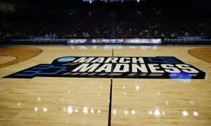 Mar 17, 2025; Dayton, OH, USA; General view of the “March Madness” logo during the First Four Practice at UD Arena. Mandatory Credit: Rick Osentoski-Imagn Images