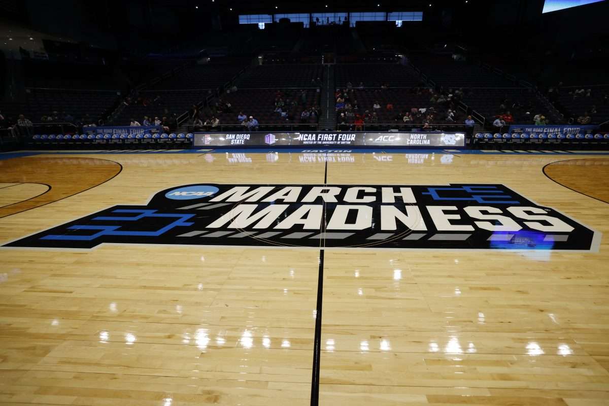 Mar 17, 2025; Dayton, OH, USA; General view of the “March Madness” logo during the First Four Practice at UD Arena. Mandatory Credit: Rick Osentoski-Imagn Images