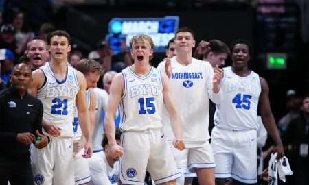 Mar 20, 2025; Denver, CO, USA; The Brigham Young Cougars bench reacts during the first half against the VCU Rams in the first round of the NCAA Tournament at Ball Arena. Mandatory Credit: Ron Chenoy-Imagn Images