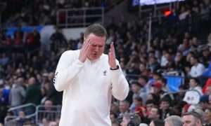 Mar 20, 2025; Providence, RI, USA; Kansas Jayhawks head coach Bill Self reacts during the first half against the Arkansas Razorbacks at Amica Mutual Pavilion. Mandatory Credit: Gregory Fisher-Imagn Images