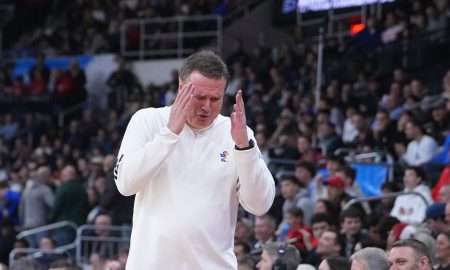 Mar 20, 2025; Providence, RI, USA; Kansas Jayhawks head coach Bill Self reacts during the first half against the Arkansas Razorbacks at Amica Mutual Pavilion. Mandatory Credit: Gregory Fisher-Imagn Images