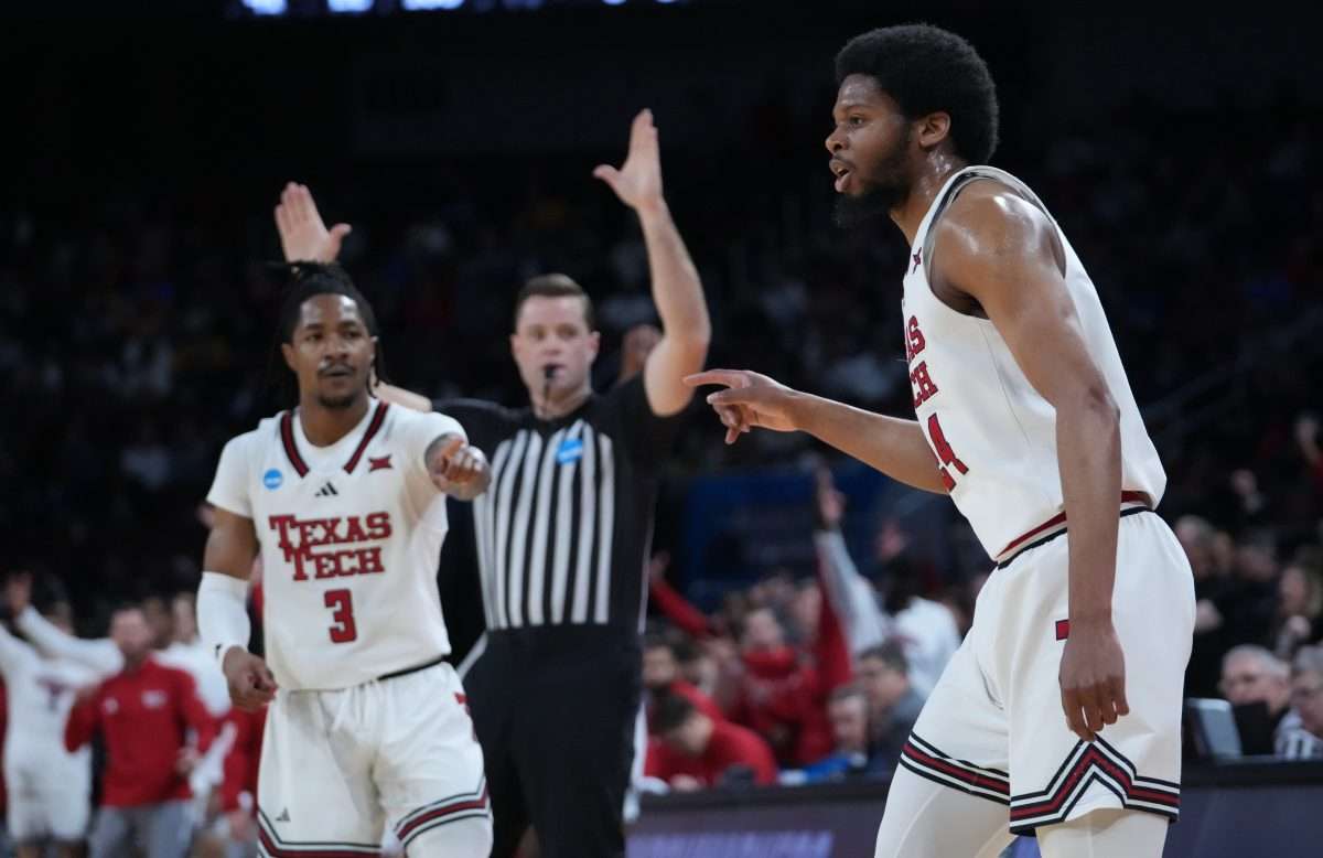 Mar 20, 2025; Wichita, KS, USA; Texas Tech Red Raiders guard Kerwin Walton (24) reacts after a basket in the first half of a first round men’s NCAA Tournament game against the North Carolina-Wilmington Seahawks at Intrust Bank Arena. Mandatory Credit: Kirby Lee-Imagn Images