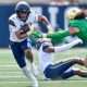Sep 17, 2022; South Bend, Indiana, USA; California Bears running back Jadyn Ott (6) carries the ball as Notre Dame Fighting Irish linebacker Marist Liufau (8) attempts to tackle in the first quarter at Notre Dame Stadium. Mandatory Credit: Matt Cashore-USA TODAY Sports