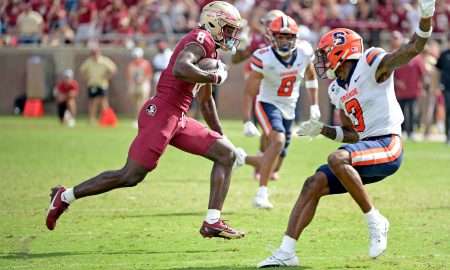 Oct 14, 2023; Tallahassee, Florida, USA; Florida State Seminoles wide receiver Hykeem Williams (8) scores a touchdown during the second half against the Syracuse Orange at Doak S. Campbell Stadium. Mandatory Credit: Melina Myers-USA TODAY Sports