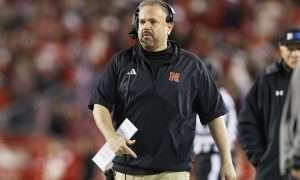 Nov 18, 2023; Madison, Wisconsin, USA; Nebraska Cornhuskers head coach Matt Rhule walks the sidelines during the fourth quarter against the Wisconsin Badgers at Camp Randall Stadium. Mandatory Credit: Jeff Hanisch-USA TODAY Sports