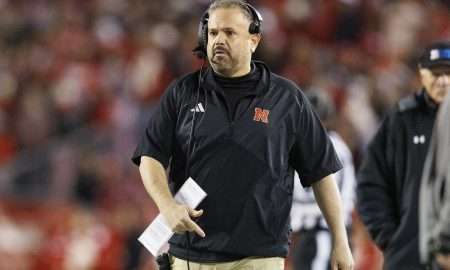 Nov 18, 2023; Madison, Wisconsin, USA; Nebraska Cornhuskers head coach Matt Rhule walks the sidelines during the fourth quarter against the Wisconsin Badgers at Camp Randall Stadium. Mandatory Credit: Jeff Hanisch-USA TODAY Sports
