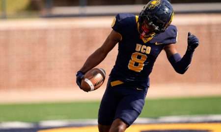 UCO's Terrill Davis (8) celebrates a touchdown in the first half of the college football game between the University of Oklahoma Bronchos and the Emporia State Hornets at Chad Richison Stadium in Edmond, Okla., Saturday, Nov. 16, 2024.