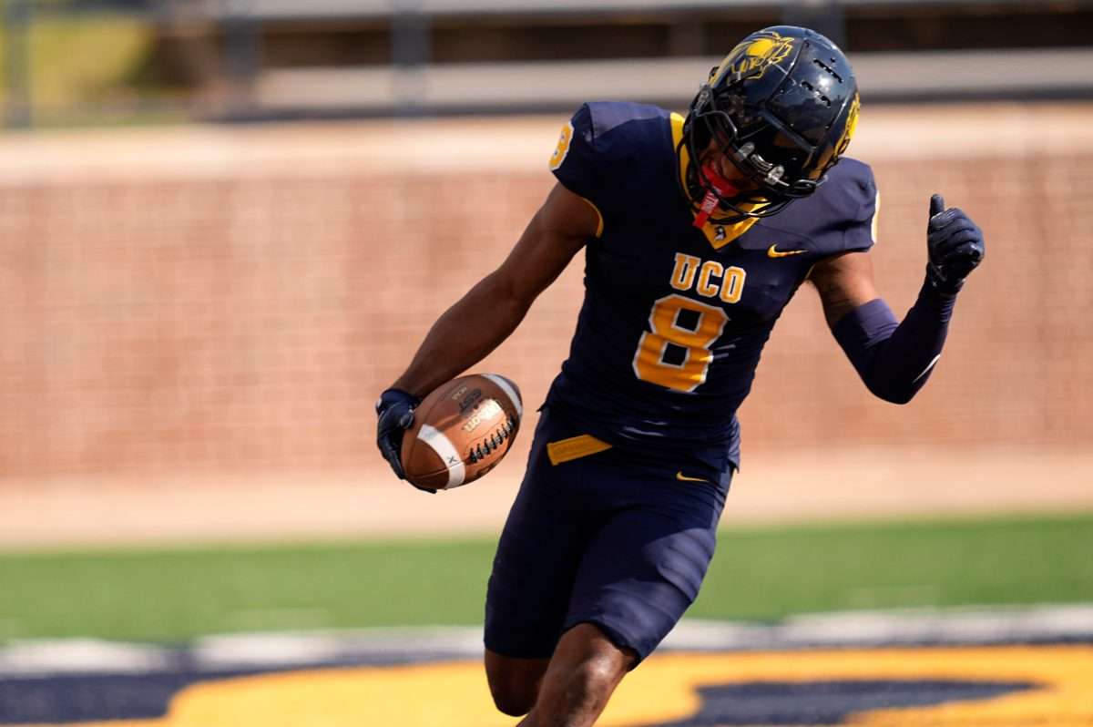 UCO's Terrill Davis (8) celebrates a touchdown in the first half of the college football game between the University of Oklahoma Bronchos and the Emporia State Hornets at Chad Richison Stadium in Edmond, Okla., Saturday, Nov. 16, 2024.