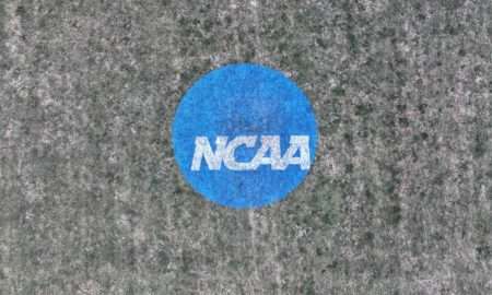 Nov 17, 2023; Charlottesville, VA, USA; The NCAA logo at the NCAA cross country championships course at Panorama Farms. Mandatory Credit: Kirby Lee-USA TODAY Sports