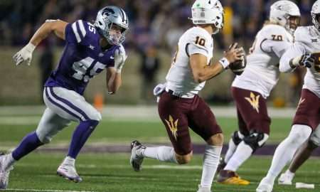 Nov 16, 2024; Manhattan, Kansas, USA; Kansas State Wildcats linebacker Austin Romaine (45) chases Arizona State Sun Devils quarterback Sam Leavitt (10) during the third quarter at Bill Snyder Family Football Stadium. Mandatory Credit: Scott Sewell-Imagn Images