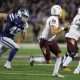 Nov 16, 2024; Manhattan, Kansas, USA; Kansas State Wildcats linebacker Austin Romaine (45) chases Arizona State Sun Devils quarterback Sam Leavitt (10) during the third quarter at Bill Snyder Family Football Stadium. Mandatory Credit: Scott Sewell-Imagn Images