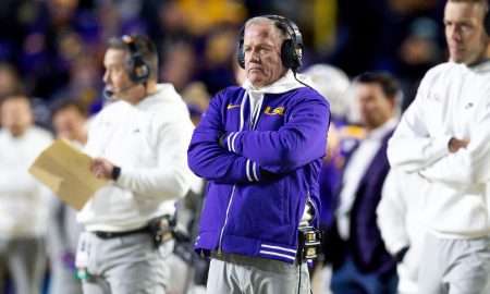 Nov 30, 2024; Baton Rouge, Louisiana, USA; LSU Tigers head coach Brian Kelly looks on against the Oklahoma Sooners during the second quarter at Tiger Stadium. Mandatory Credit: Stephen Lew-Imagn Images