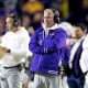Nov 30, 2024; Baton Rouge, Louisiana, USA; LSU Tigers head coach Brian Kelly looks on against the Oklahoma Sooners during the second quarter at Tiger Stadium. Mandatory Credit: Stephen Lew-Imagn Images