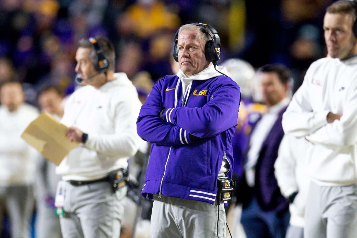 Nov 30, 2024; Baton Rouge, Louisiana, USA; LSU Tigers head coach Brian Kelly looks on against the Oklahoma Sooners during the second quarter at Tiger Stadium. Mandatory Credit: Stephen Lew-Imagn Images