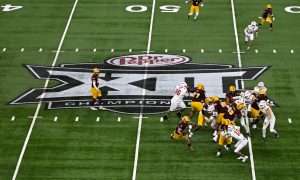 Dec 7, 2024; Arlington, TX, USA; A view of the Big 12 logo and stadium during the game between the Iowa State Cyclones and the Arizona State Sun Devils at AT&T Stadium. Mandatory Credit: Jerome Miron-Imagn Images