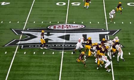 Dec 7, 2024; Arlington, TX, USA; A view of the Big 12 logo and stadium during the game between the Iowa State Cyclones and the Arizona State Sun Devils at AT&T Stadium. Mandatory Credit: Jerome Miron-Imagn Images