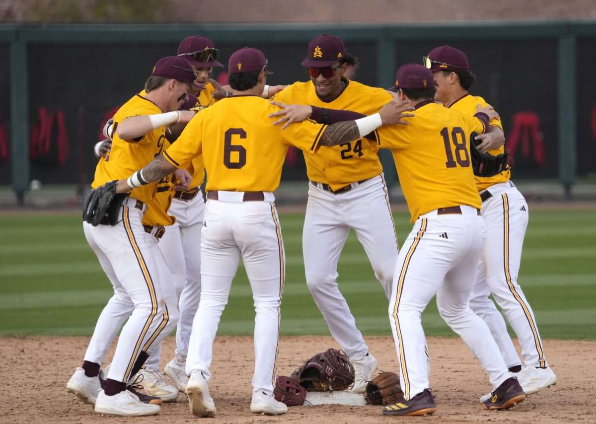 Arizona State players celebrate after beating Ohio State 17-10 at Phoenix Municipal Stadium on Feb. 16, 2025.