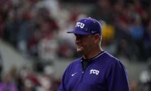 Feb 22, 2025; Arlington, TX, USA; The Arkansas Razorbacks play the TCU Horned Frogs during the Amegy Bank College Baseball Series presented by Kubota Weekend 2 at Globe Life Field. Mandatory Credit: Raymond Carlin III-Imagn Images