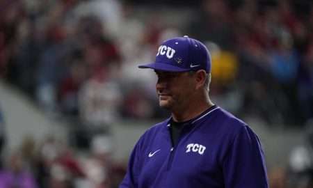 Feb 22, 2025; Arlington, TX, USA; The Arkansas Razorbacks play the TCU Horned Frogs during the Amegy Bank College Baseball Series presented by Kubota Weekend 2 at Globe Life Field. Mandatory Credit: Raymond Carlin III-Imagn Images
