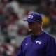 Feb 22, 2025; Arlington, TX, USA; The Arkansas Razorbacks play the TCU Horned Frogs during the Amegy Bank College Baseball Series presented by Kubota Weekend 2 at Globe Life Field. Mandatory Credit: Raymond Carlin III-Imagn Images