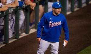 Kansas Jayhawks' Head Coach Dan Fitzgerald exchanges words with the officials before being ejected from the game in sixth inning of the Longhorns' game against the Kansas Jayhawks, Thursday, May 16, 2024.