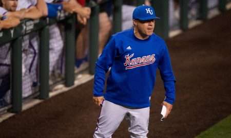 Kansas Jayhawks' Head Coach Dan Fitzgerald exchanges words with the officials before being ejected from the game in sixth inning of the Longhorns' game against the Kansas Jayhawks, Thursday, May 16, 2024.